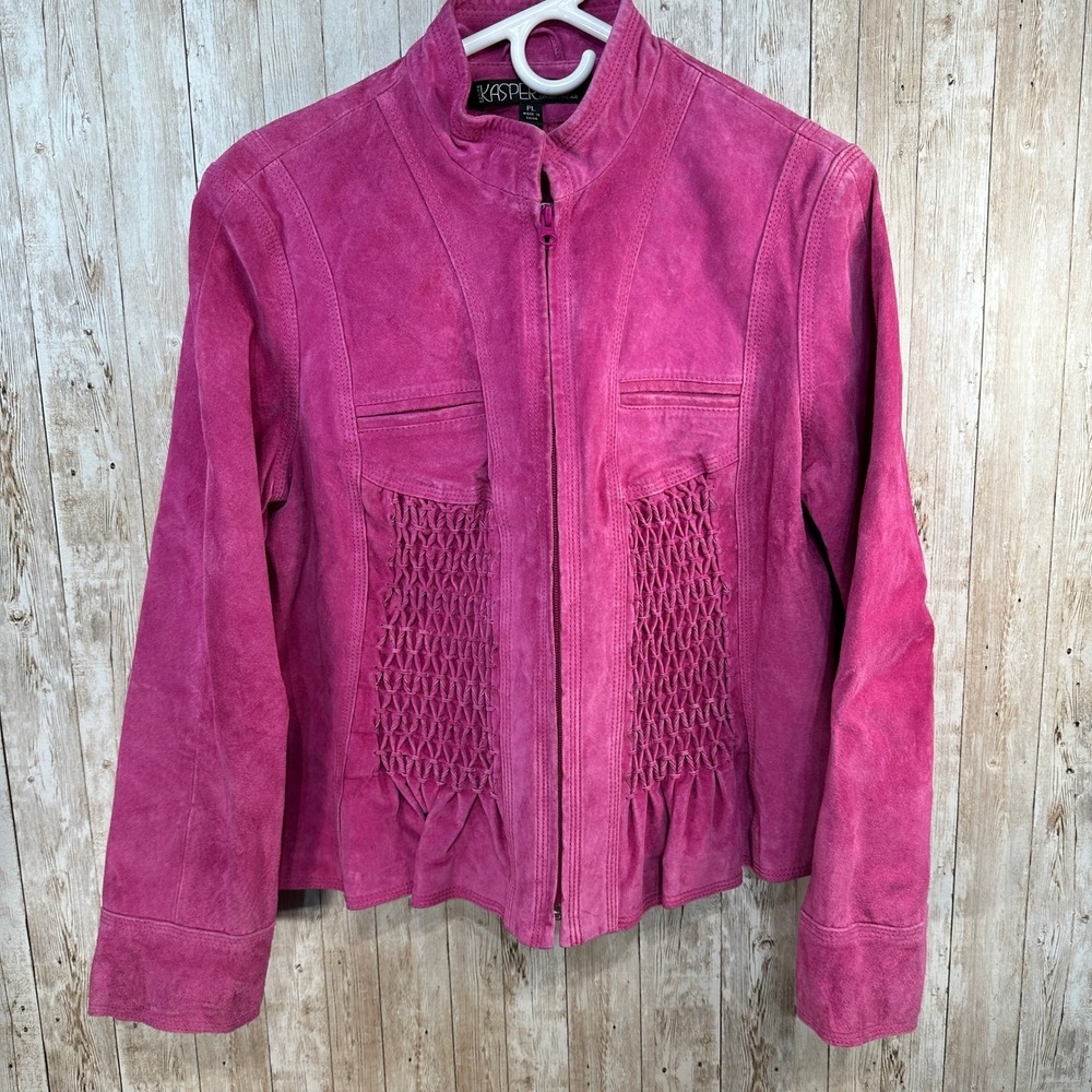 Kasper  Sportswear Hot Pink Suede Leather Jacket Womens Full Zip‎ Lined Size PL